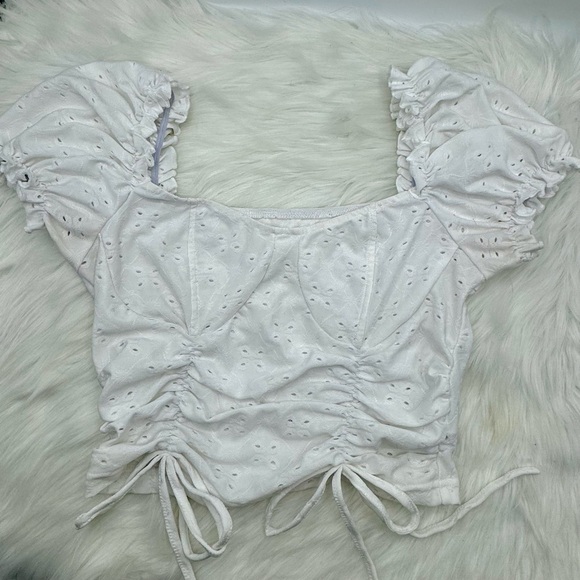 Puff Sleeve Frill Detail Faux Drawstring Ruched Top - Picture 4 of 5